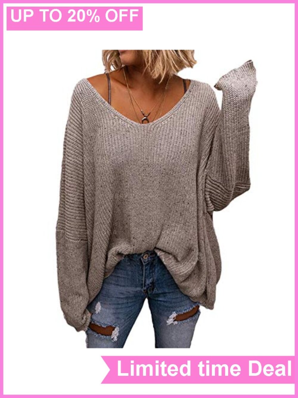 Womens Waffle Knit Oversized V-Neck Pullover Sweater Long Sleeve